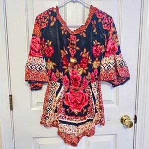 Spanish Rose Floral Bell Sleeve Romper Size Large